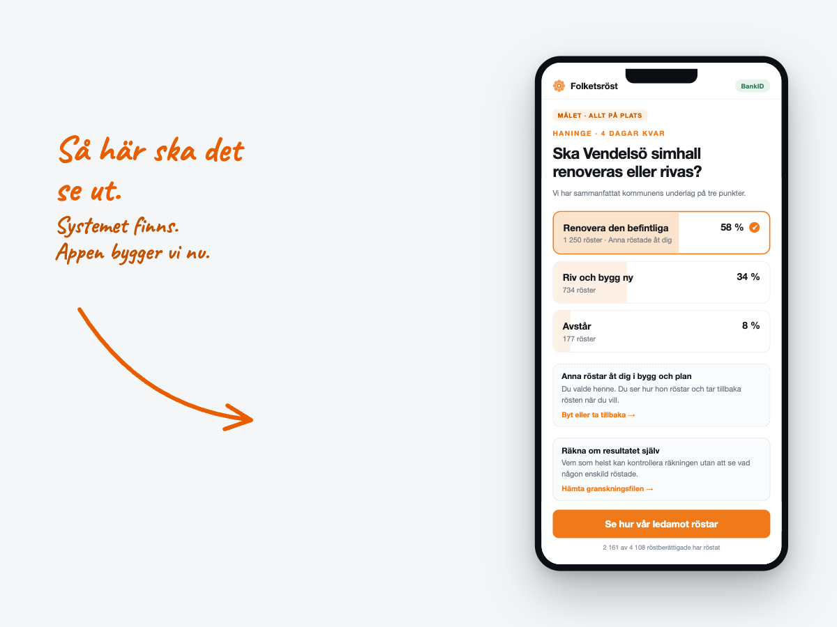Skiss av Folketsröst i en telefon, med handskriven text: finns inte än, det här ska vi bygga