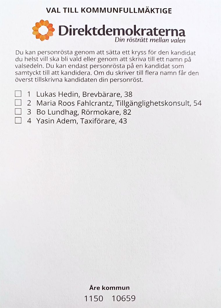 Direktdemokraternas valsedel till kommunfullmäktige i Åre med fyra kandidater
