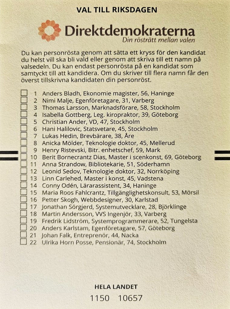 Direktdemokraternas valsedel till riksdagen, giltig i hela landet