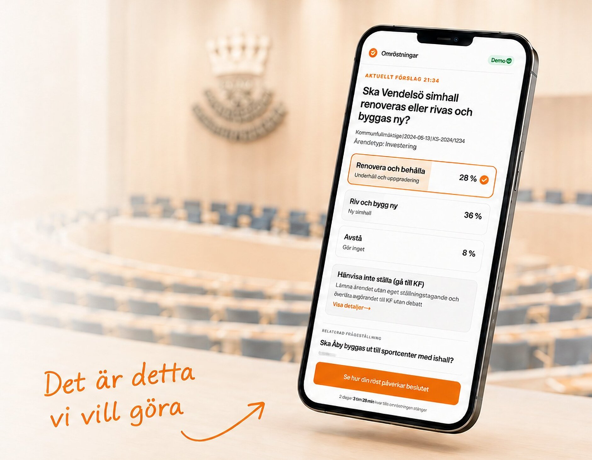 Mobil med Folketsrösts omröstningsvy i en fullmäktigesal, med texten Det är detta vi vill göra