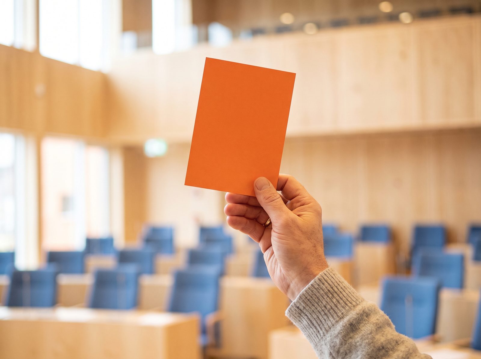 En hand håller upp ett orange röstkort i en ljus fullmäktigesal (AI-genererad bild)